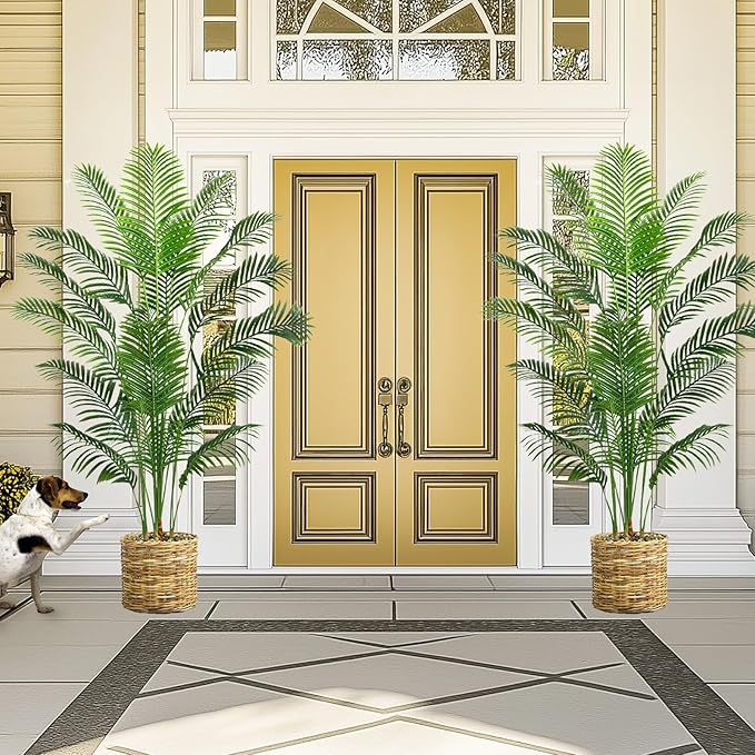 2 Pack Artificial Palm Tree 6FT Artificial Plants Indoor Tropical Fake Palm Tree Areca Floor Plant in Black Pot with 18 Trunks & Real Bark Design, Faux Palm Plant for Outdoor Patio Home Office Decor