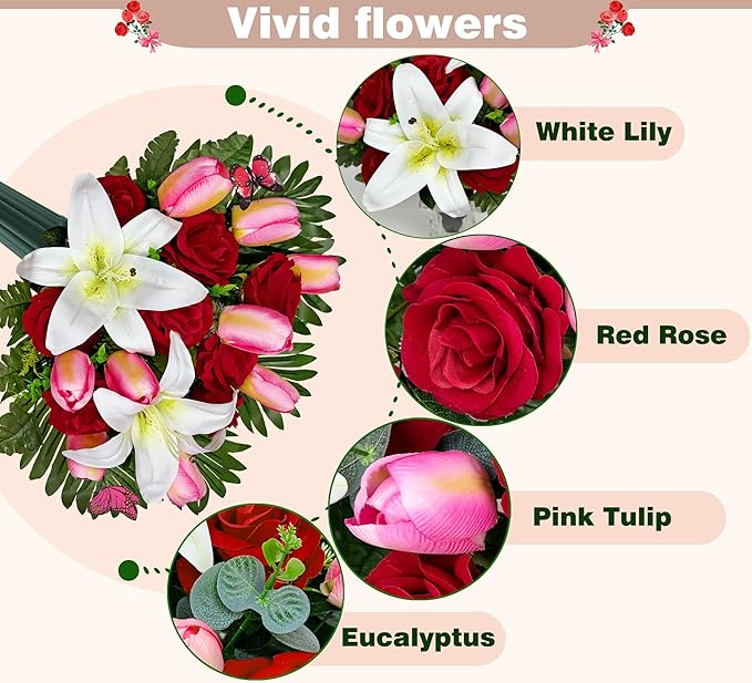 Artificial Cemetery Flowers – Realistic Silk Flower Outdoor Grave Decorations,Headstone Flower Saddle, Non-Bleed Colors, and Easy Fit - Pink Tulip,White Lily and Red Rose