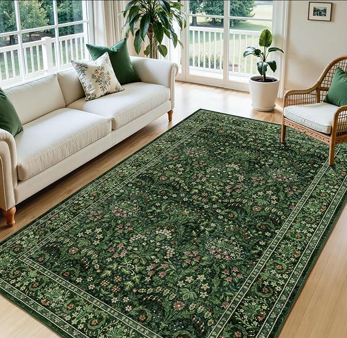 Woaboy Washable 5x8 Area Rug for Living Room Bedroom Dining Room Office, Non-Slip Low Pile Stain Resistant Soft Carpet for Vintage Christmas Floral Oriental Home Decor Grass Green