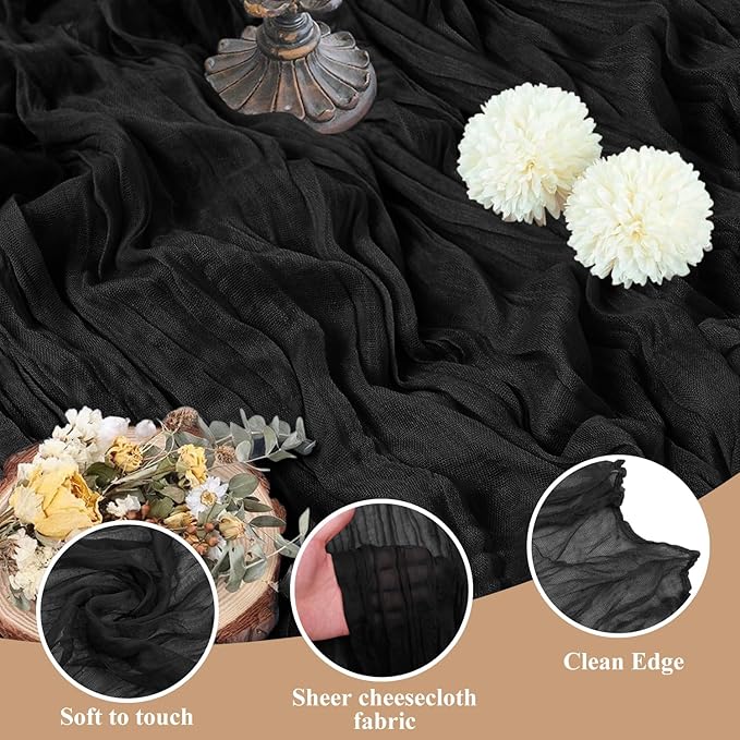 Asee'm 2pcs Cheesecloth Table Runner 120 Inches Long Black Boho Gauze Cheese Cloth Runner 10FT Rustic Sheer Table Runners for Valentine's Day Wedding Party Baby Shower Spring Easter Decoration