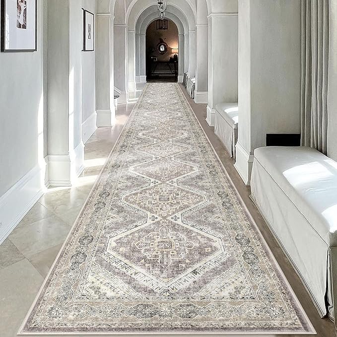 KUTA Extra Long Runner Rug for Hallway 2.6x18ft, Oriental Washable Kitchen Rugs, Ivory Grey Yellow Brown Non-Slip Stair Runners Indoor Soft Printed Vintage Carpet for Bedroom Living Room Nursery