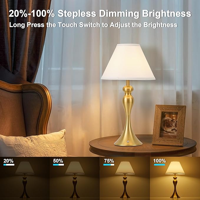Rechargeable Cordless Table Lamps, Battery Operated Lamp with Fabric Shade for Decor, 3 Color Stepless Dimming LED Table Light, Nightstand Lamp for Nursery, Bedroom, Living Room, Home Office (Brass)