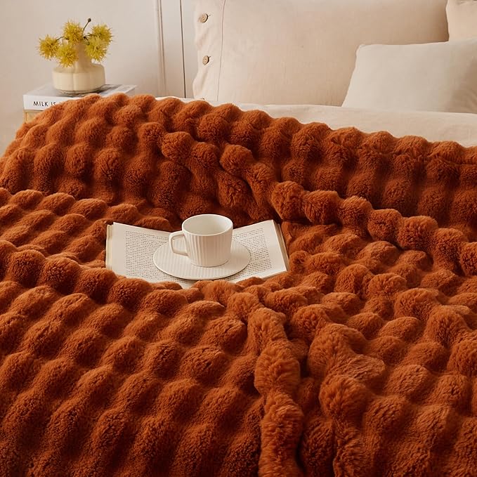COOVA Faux Fur Throw Blanket for Couch, Cozy Soft and Fuzzy Plush Rabbit Fur Bubble Blanket for Sofa Bedroom Living Room, 60x80 Inches Brown