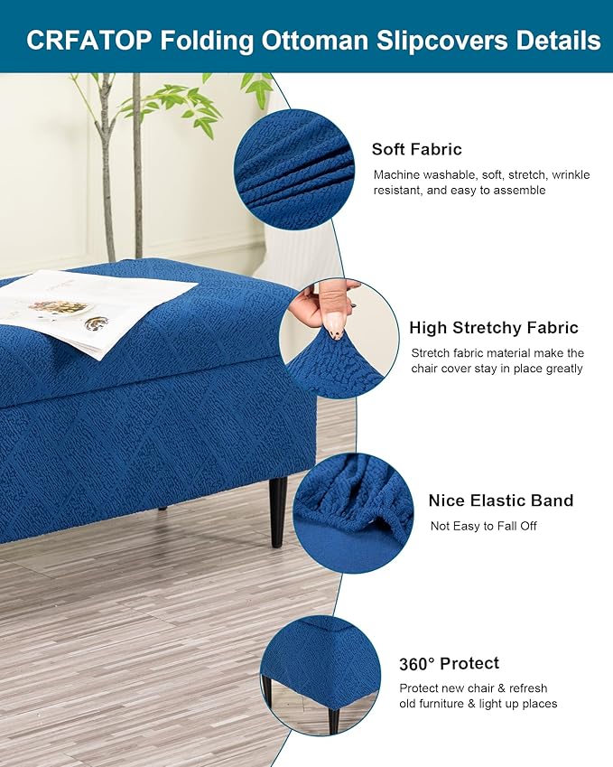 CRFATOP Jacquard Rectangle Ottoman Stool Cover Stretch Folding Storage Footstool Bench Slipcovers Upholstered Foot Chest Chair Covers Washable Entryway Furniture Protector with Elastic Bands,M,Navy