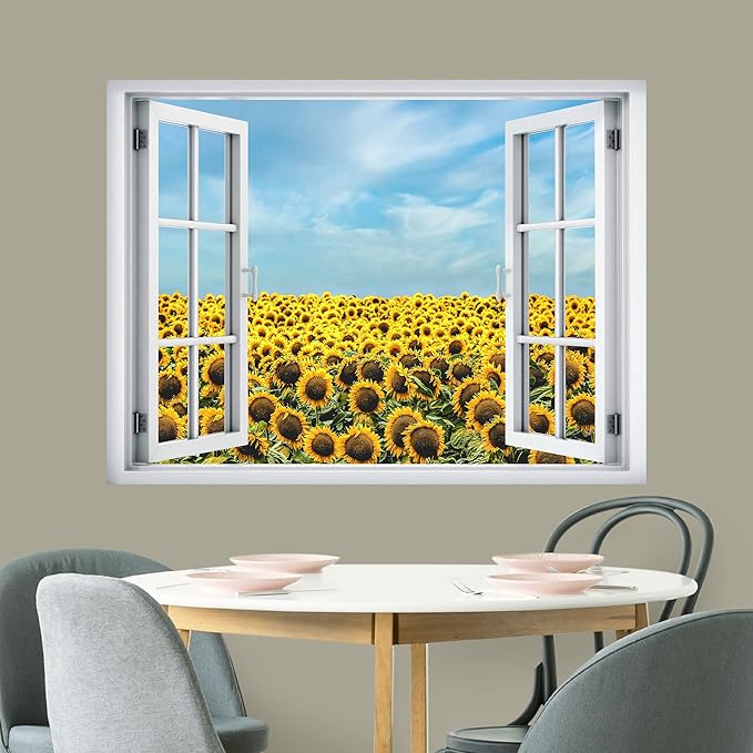 wall26 Removable Wall Sticker/Wall Mural Window View Springtime Summer Country Sunflowers Wilderness Nature Photography Realism Rustic Landscape Colorful for Living Room, Bedroom, Office - 24"x32"