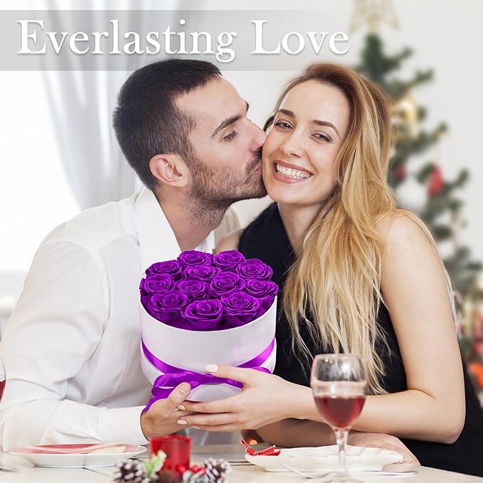 Preserved Roses in a Box, Blooming Real Roses Decor, Eternal Flowers for Delivery Prime, Best Gifts Birthday, Wedding, Anniversary, Mother's Day for Her, 12-Pieces (Purple)