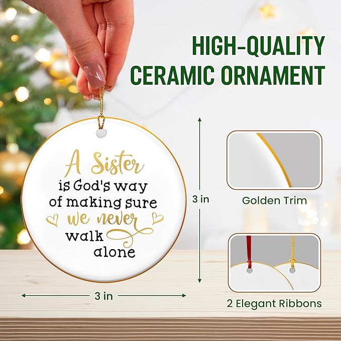 Christmas Sister Gifts for Women - Ceramic Christmas Ornaments 2025 with Gold-Trimmed Edges for Tree Decorations - Birthday Sisters Gifts from Sister, Sisters Ornament for Xmas Decorations