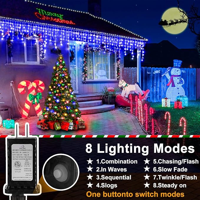 Christmas Lights Outdoor, 1280 LED 131FT Ice Lights for Outside, Clear Wire 8 Modes Plug in 240 Drops Ice String Lights with Timer Memory Function Hanging Light for Christmas Decor(Blue)