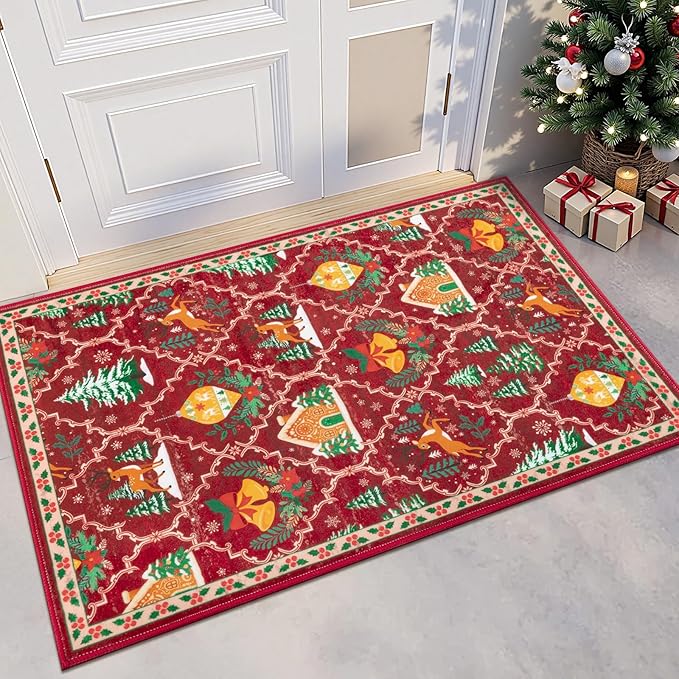 HEBE Christmas Area Rug 2'x3', Non Slip Farmhouse Red Rugs for Living Room, Washable Soft Area Rugs for Bedroom Christmas Low Pile Indoor Floor Carpet for Dining Room Xmas Holiday Decor