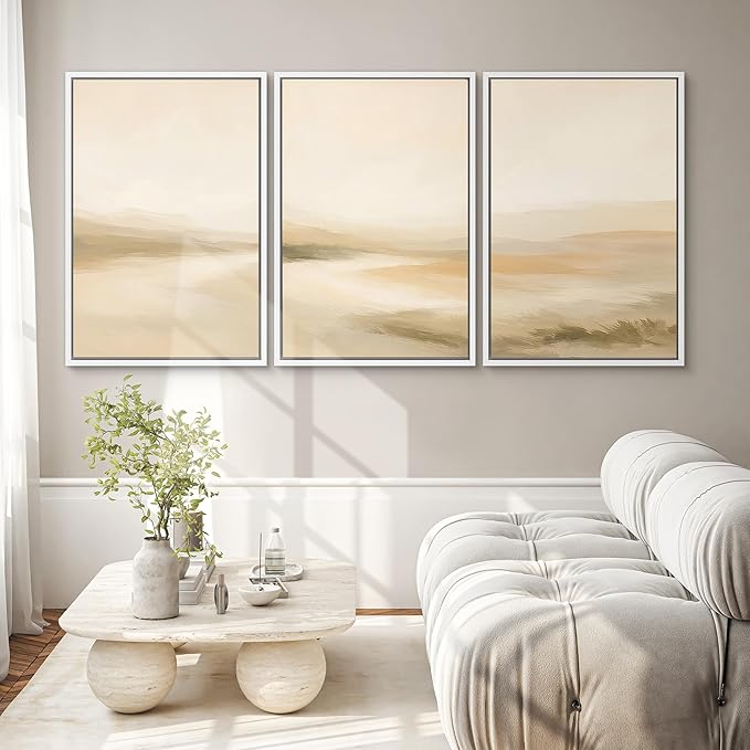 SIGNWIN Framed Canvas Print Wall Art Set Soft Beige Horizon Abstract Landscape Minimalist Neutral Illustrations Modern Art Decorative Chic Calm for Living Room, Bedroom, Office - 16"x24"x3 White