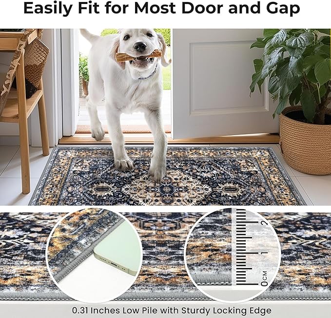 KOZYFLY Runners for Hallways 3x18 Ft Extra Long Washable Kitchen Thin Runner Rug Boho Runner Rug for Entryway Indoor Printed Faux Wool Stair Floor Carpet for Stair Kitchen Hall, Gold/Navy