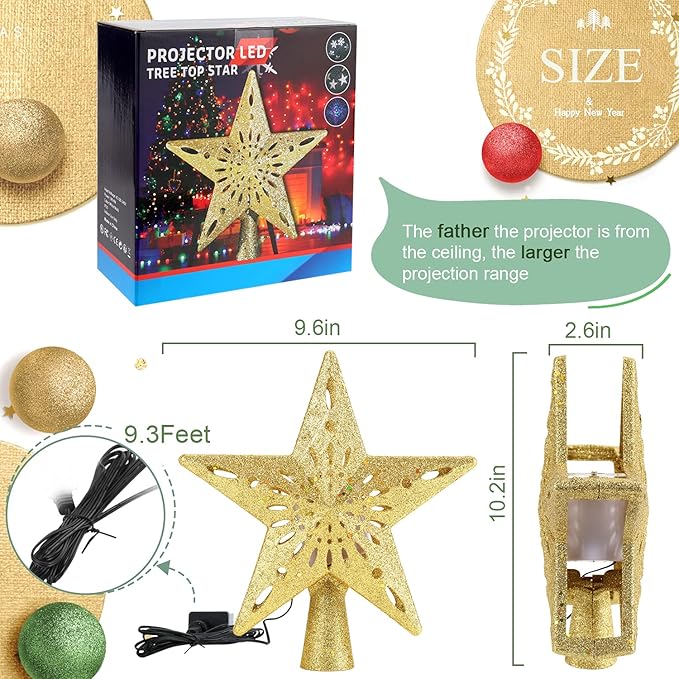 Christmas Tree Topper Star Lighted with Rotating Snowflake LED Projector, Gold Star 3D Glittered Christmas Xmas Tree Decorations Projector Angle Adjustable