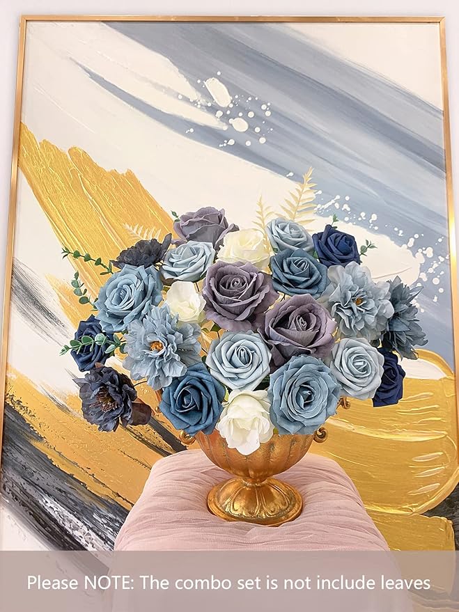 Roses Artificial Flowers Dusty Blue Silk Bulk for DIY Wedding Bouquets Bridal Baby Shower Decorations Fake Floral Arrangements for Party Table Centerpieces Home Decor Indoor Navy Royal Box Set