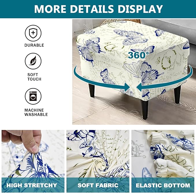 KRFOONN Stretch Ottoman Cover Slipcovers Rectangle Fit Length 27"-35" Footrest Stool Covers Printed Ottoman Cover for Foot Stool Furniture Protector with Non Slip Elastic Bottom, Color 23