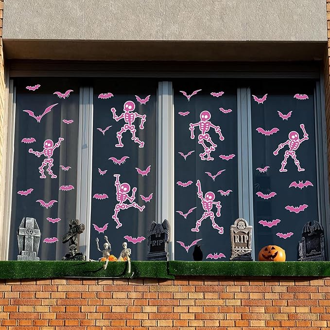 Halloween Wall Decals and Skeleton Window Clings - 6 Sheets 43 Pcs Removable Pink Ghost Bat Wall Stickers for Mirrors, Windows, Home Bedroom Party Decor