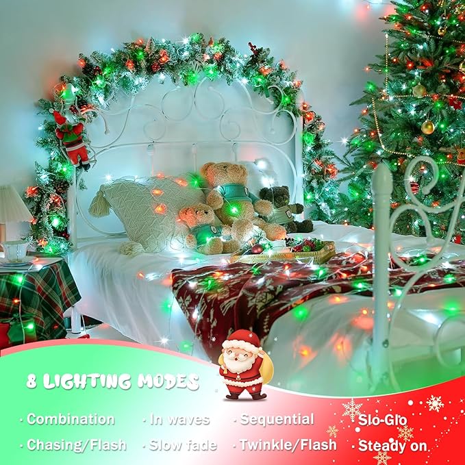 JMEXSUSS 2 Pack 100 LED Red White and Green Christmas Lights, 8 Modes Christmas String Lights Plug in Indoor, Clear Wire LED String Light Outdoor Waterproof for Xmas Tree Decorations