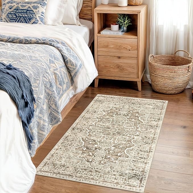KUTA Vintage Small Area Rug 2x3 Beige Brown Washable Entryway Rugs Non-Slip Ultra Soft Printed Medallion Distressed Floral Small Accent Carpet Farmhouse Throw Doormat for Entrance