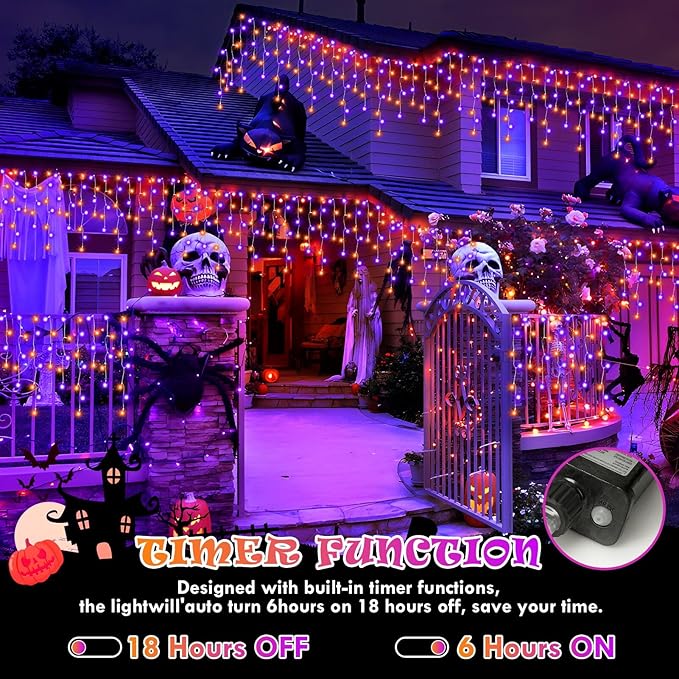 131FT 1280LED Halloween Lights Decoration，Orange Purple Led String Lights Outdoor with 240 Drops，8 Lighting Modes，Timer Memory Function for Halloween Night Party Fence Yard Roof Decor