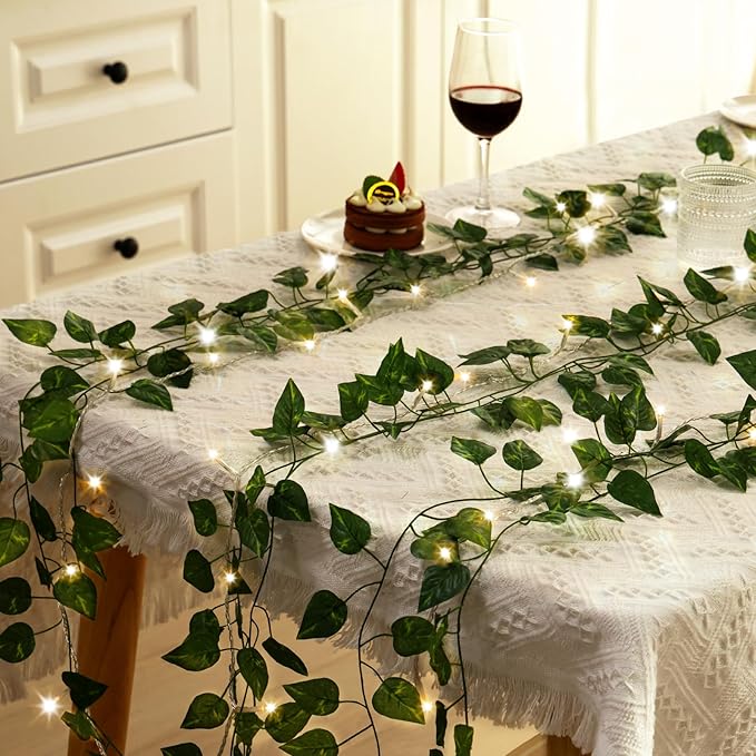 CEWOR 24 Pack 173ft Fake Ivy Vines, Artificial Ivy Garland with 200 LED String Lights, Hanging Plants Greenery Backdrop Green Leaves for Bedroom Room Wall Decor Wedding Party Table Decoration