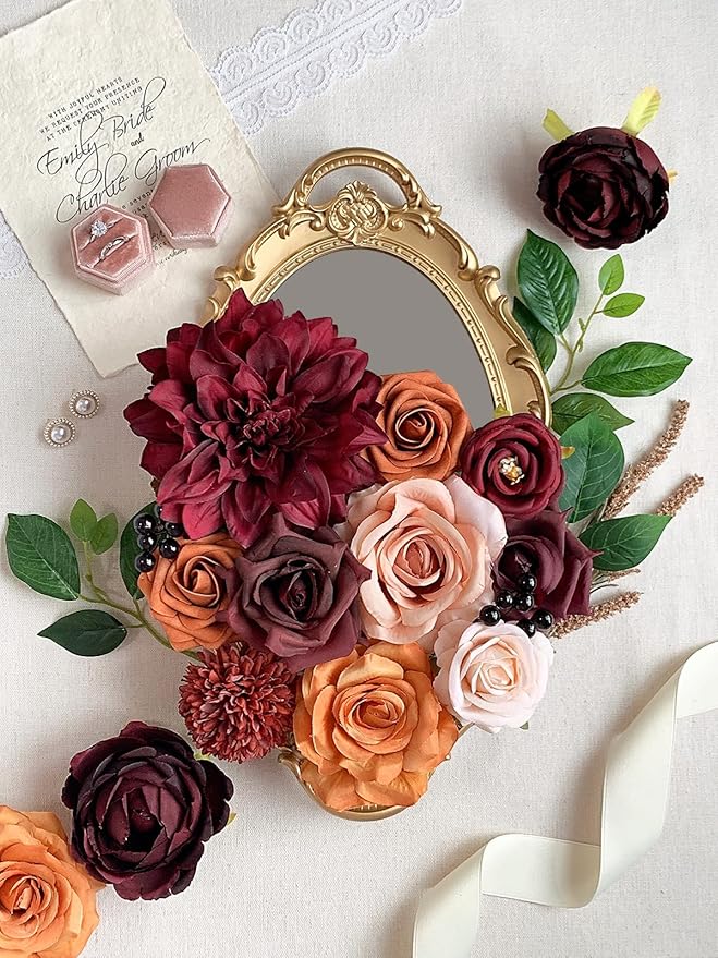 Roses Artificial Flowers Burgundy Bouquet Fake Flower with Stems for DIY Bridal Wedding Shower Decorations Party Table Centerpieces Faux Silk Floral Arrangement for Home Decor Indoor Orange
