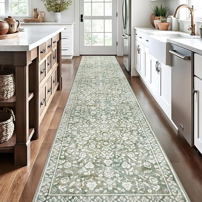 Vintage 2.6x14 Hallway Runner, Sage Green Beige Washable Non-Slip Long Hallway Carpet, Super Soft Kitchen Runner, Print Faux Wool Floral Thin Carpet for Entryway