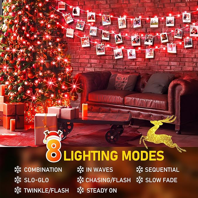 KNONEW Outdoor Christmas Lights 300 LED 99ft String Lights 8 Modes & Memory Fairy Light Plug in Waterproof LED String Lights for Xmas Yard Tree Wedding Party Holiday Decorations (Red)