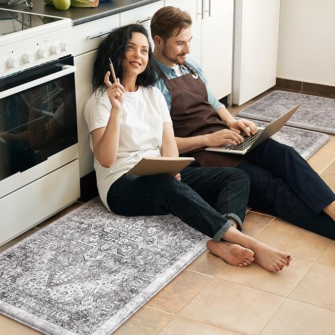 KIMODE Anti Fatigue Cushioned Kitchen Mats for Floor 2 Piece, Boho Vintage Kitchen Rugs Non Skid, Comfort Memory Foam Standing Desk Mats for Laundry Office Sink 20"x59"+20"x32" Grey
