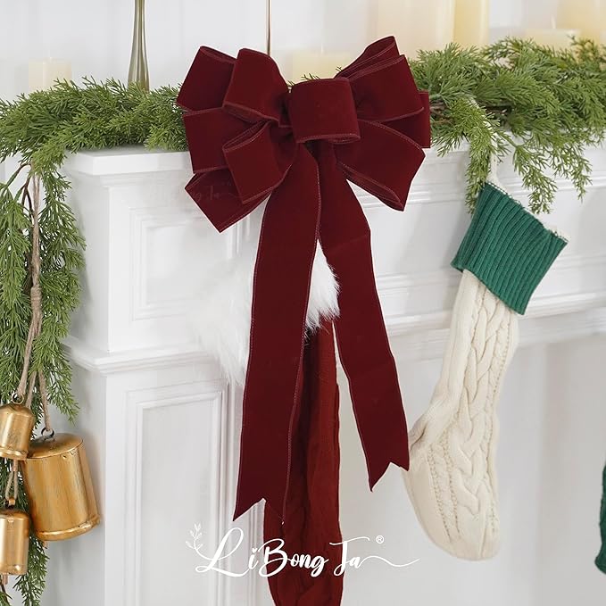 13" Dark Red Bow Pre-Tied Bow for Christmas Tree, Burgundy Velvet Ribbon Bows for Wreaths, Premade Tree Toppers Bows for Gift Wrapping, Party Favor, Christmas Home Indoor Outdoor Decor-1 PCs
