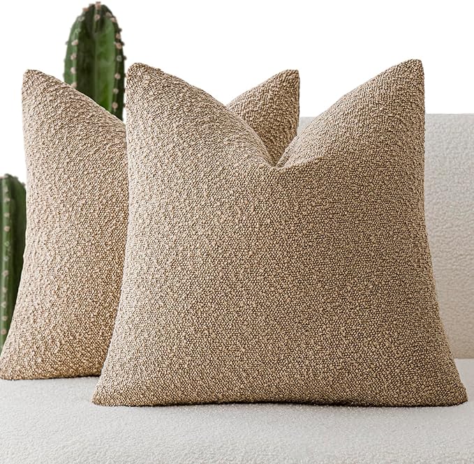 Foindtower Pack of 2 Textured Boucle Throw Pillow Covers Accent Solid Pillow Cases Cozy Soft Decorative Couch Cushion Case for Chair Sofa Bedroom Living Room Home Decor, 18 x 18 Inch,Camel