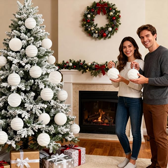Artmag 6Pcs Velvet Christmas Ornaments Balls Sets for Christmas, Plastic Shatterproof Xmas Tree Flocked 3.94 inch Ornaments Balls for Winter Holiday Decor (Beige)