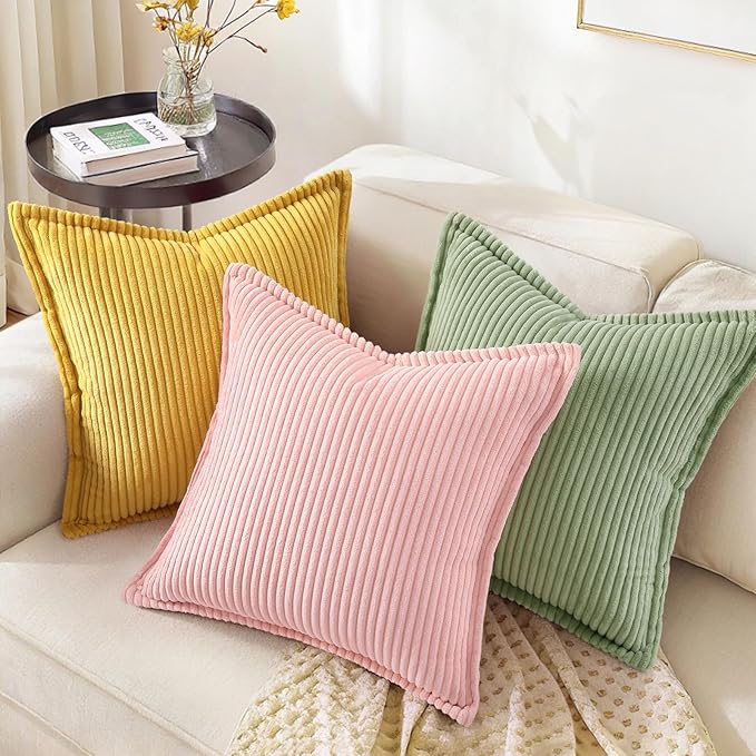 decorUhome Corduroy Pink Throw Pillow Covers 18x18 Set of 2 Decorative Soft Boho Farmhouse Euro Couch Pillow Covers for Living Room Bed Sofa Broadside Striped Pillow Cases