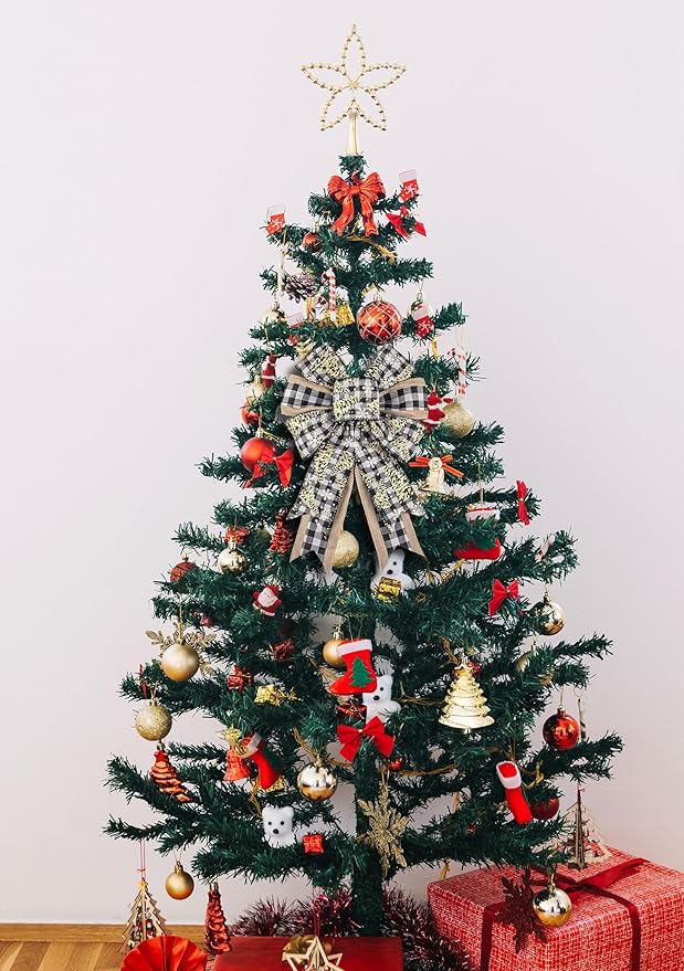 2 PCS Christmas Bow for Wreath, Christmas Wreath Bows for Front Door Wall Fence Decor Xmas Tree Plaid Bow for Holiday Party Home New Year Decoration