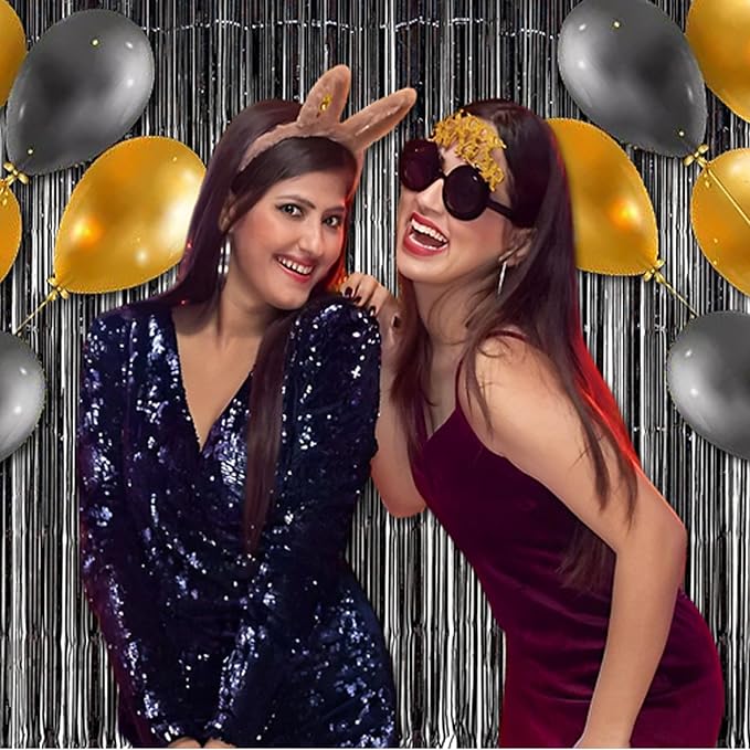 BRAVESHINE Black Party Foil Fringe Curtains - 2 Pack Metallic Tinsel Photo Booth Streamers Backdrop for New Years, Boy, Men, Birthdays, Stranger Theme, Music, Prom, Christmas Party Decorations