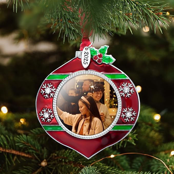 2025 Christmas Tree Ornament Picture Frame Metal Hanging Pendant Holiday 2" Photo Frame Charm Decorative of Pets, Baby First Christmas, Family (2025 Style 5)