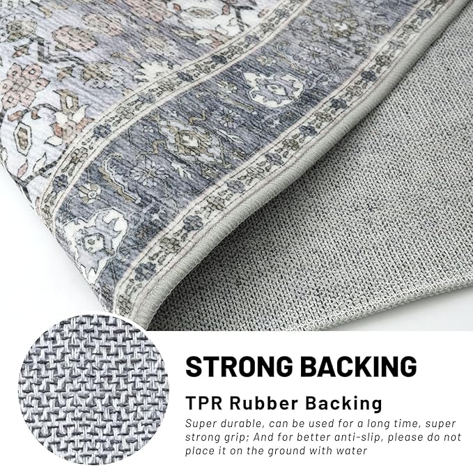 KUTA Vintage Floral Washable Hallway Runner, 2x7 Runners for Hallways Non-Slip Kitchen Rugs Grey Blue Ultra Thin Soft Printed Distressed Oriental Floor Carpet for Laundry Bedroom Living Room Nursery