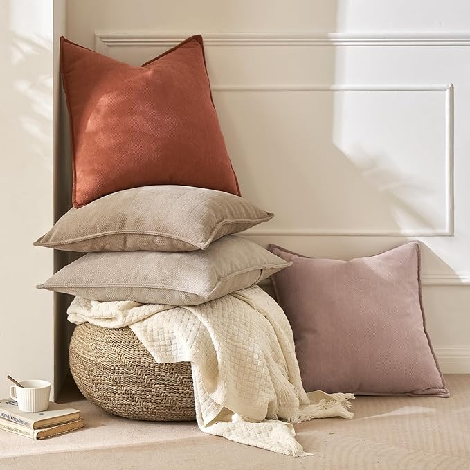 MIULEE Pack of 2 Beige Decorative Pillow Covers 16x16 Inch Soft Chenille Luxurious Couch Throw Pillows Farmhouse Cushion Covers with Elegant Design for Sofa Bedroom Living Room Home Decor