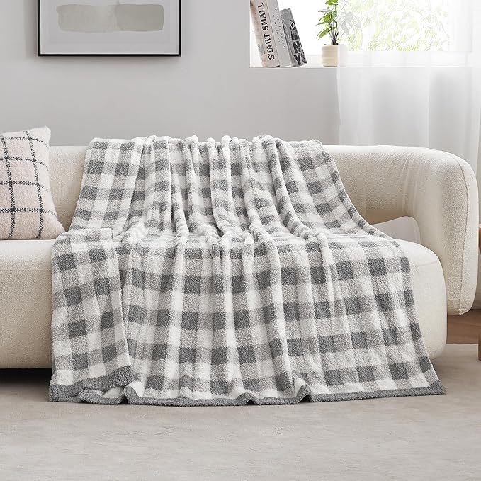 Snuggle Sac Buffalo Plaid Bedding Blanket Twin Size, Super Soft, Cozy Warm Knit Decorative Blankets, Reversible Plaid Fluffy Throws for Bed, Plaid Grey, 60x80 Inches