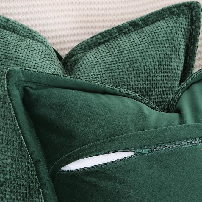 MADIZZ Chenille Velvet Throw Pillow Covers with Flange Set of 2 Super Soft Boho Textured Pillow Covers Decorative Throw Pillowcases Modern Farmhouse Home Decor for Sofa Bedroom Dark Green 18x18 Inch