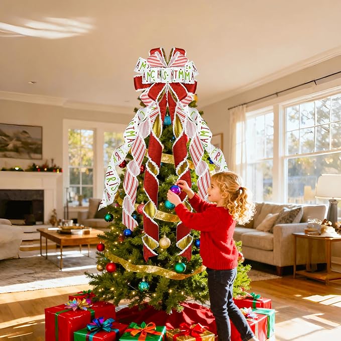 Christmas Tree Topper 48" x 13", Red Large Velvet Bow with Long Streamers, Wired Edge Decorative Bow for Wreath Door Holiday Party Festival Xmas Decoration Supplies-Red