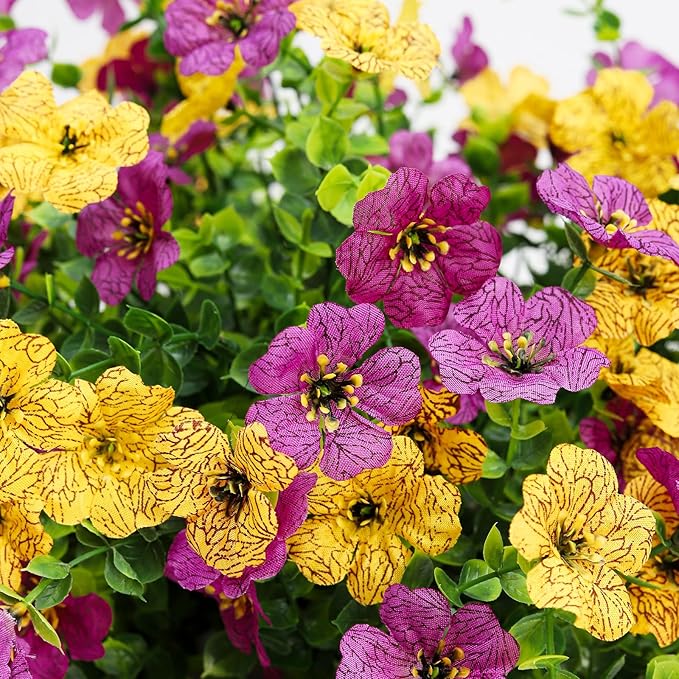 Artificial Flowers for Outdoors 6PCS，All Weather Fade Proof, UV Resistant Waterproof Realistic Faux Silk Mums Daisies Purple & Yellow for Hanging Planters Porch Patio Balcony Deck Fence Garden Decor