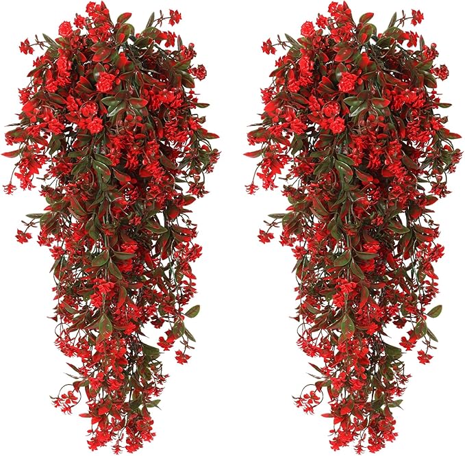 RECUTMS 2 Pack Artificial Greenery Plastic Flower Fake Hanging Plant Vines Plants UV Resistant for Outdoor Home Garden Wall Office Wedding Party Hanging Basket Decoration (Red)