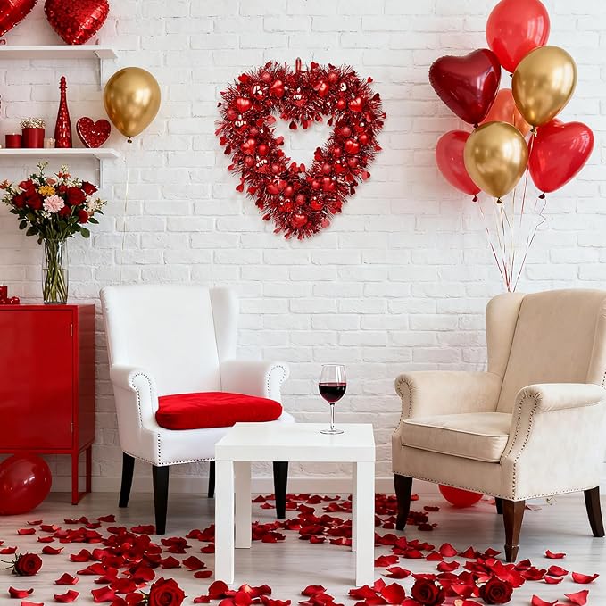 Valentines Wreath, 15.7" Red Heart Shaped Wreaths for Front Door with Tinsel Valentines Gifts Wall Decorations for Home Wedding Party Anniversary