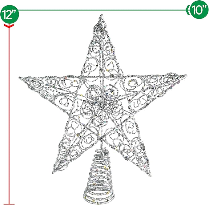 Ornativity Silver Star Tree Topper - Christmas Swirl Design Sparkle 3-D Dimensional Hallow Xmas Trees Top Star Decor Treetop Ornament Decorations