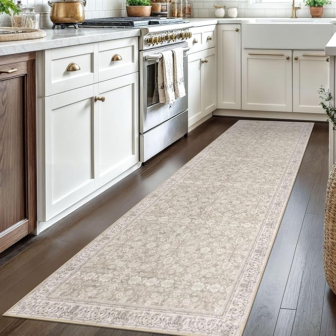 2.6x8 Washable Runner Rug for Kitchen, Cream Beige White Grey Soft Classic Runner with Non-Slip, Non-Shedding Distressed Floral Rug for Hallways Entryway Bedroom Laundry Indoor