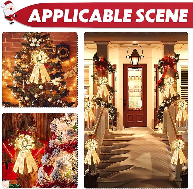 Hying Large LED Christmas Bows for Wreath, Merry Christmas Wreath Bow Champagne Velvet Bows with LED Lights Xmas Tree Topper Bows for Front Door Happy New Year Christmas Party Decoration Supplies