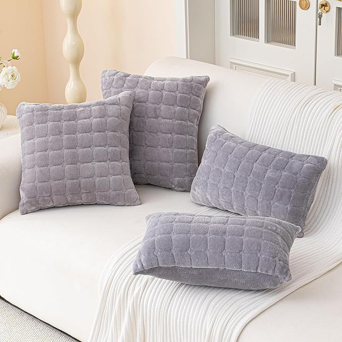 Velvet Throw Pillow Covers(Pack of Two, Light Grey) 18×18 Inch Decorative Pillows Cover Neutral Soft Chenille Couch Pillows with Zipper Aesthetic for Living Room and Bedroom