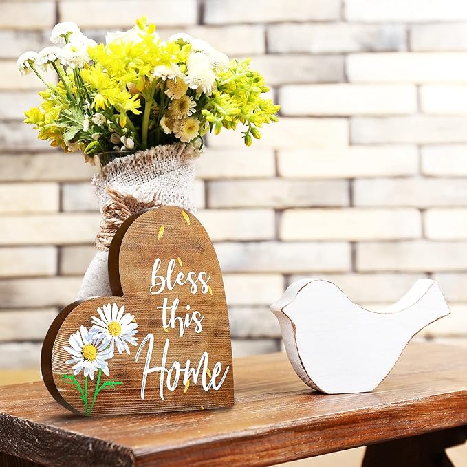Jetec 2 Pcs Rustic Table Decorations for Living Room Home Decor Farmhouse Valentines Day Centerpiece Small Love Wooden Heart Decor for Dining Room Shelf Valentines Gift Decoration(Daisy Style)