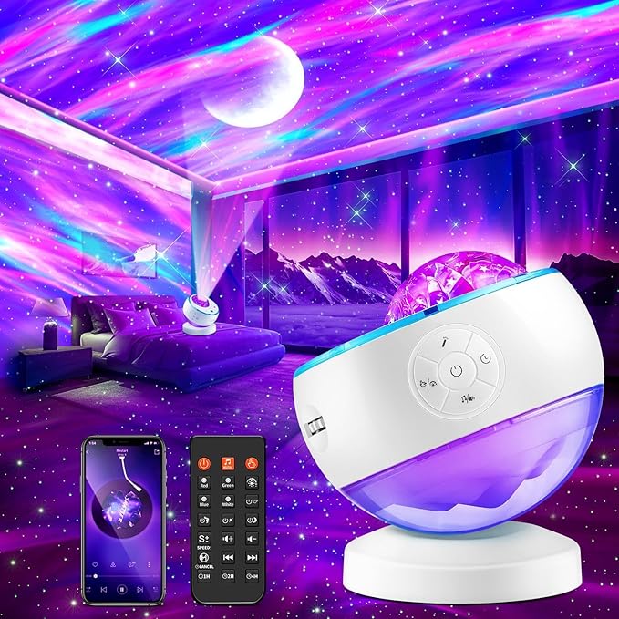 One Fire Northern Lights Projector,16Color Galaxy Projector for Bedroom, 15 White Noise Galaxy Light Projector, 5Moon Star Projector, Bluetooth Aurora Light Projector, Remote Timer Star Lights