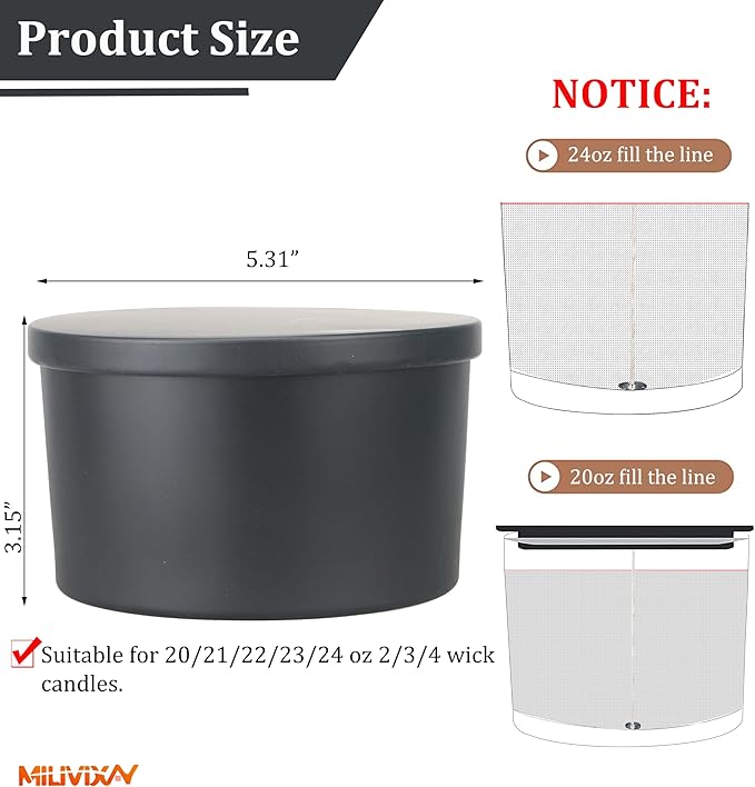 MILIVIXAY 6 Pack 24 oz Candle Jars with Metal Lids and Candle Making Kits - 3 Wick Candle Jars, Bulk Matte Black Thick Glass Containers for Large Candles - Spice, Powder Container.