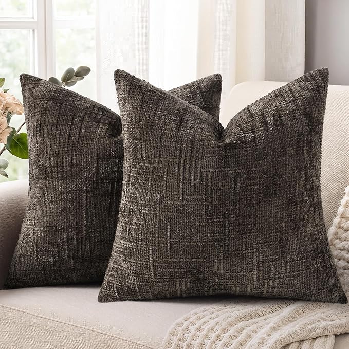 decorUhome Dark Brown Chenille Throw Pillow Covers 22x22 Set of 2 Thick Textured Slubby Couch Pillow Covers Farmhouse Accent Modern Neutral Decorative Pillow Cases for Bed Sofa Living Room